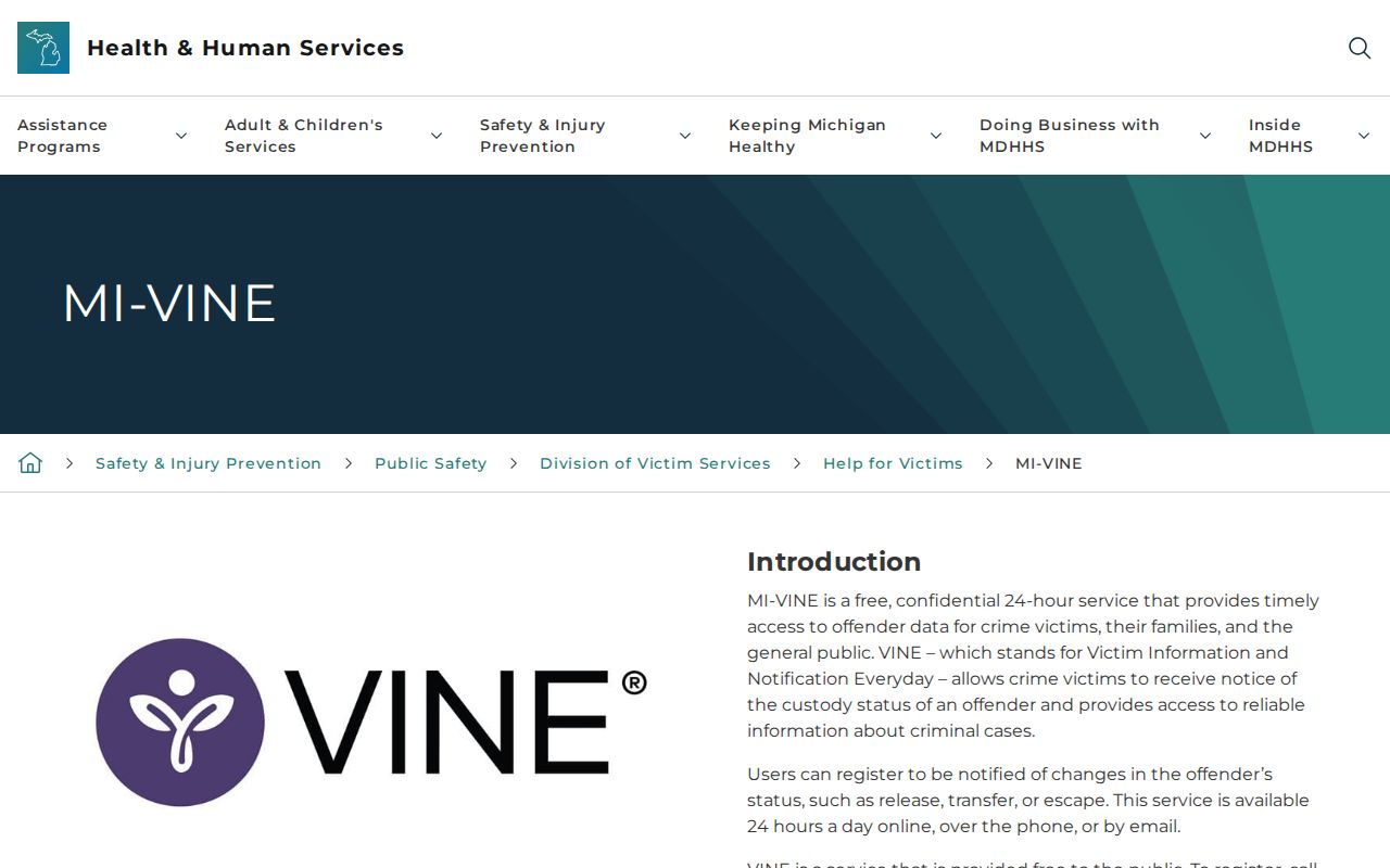 Michigan MI-VINE official information page for custody notifications