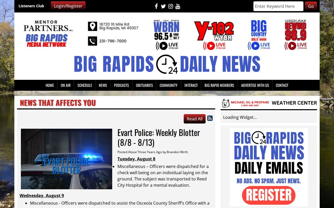 Captured Big Rapids Daily News Evart Police weekly blotter page